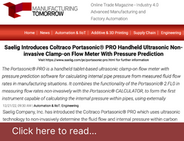 Manufacturing Tomorrow Magazine publish our article on "Saelig Introduces Coltraco Portasonic® PRO Handheld Ultrasonic Non-invasive Clamp-on Flow Meter With Pressure Prediction" - December 2022 | Coltraco